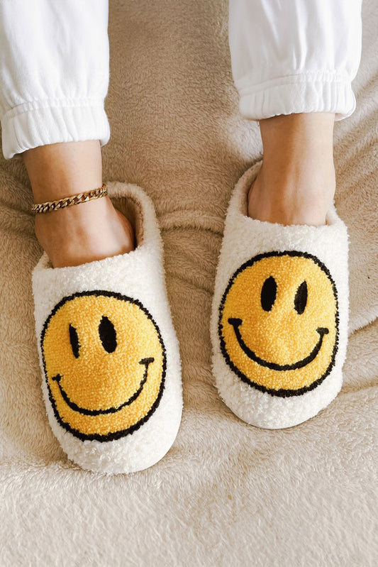 White Smile Face Print Non-slip Plush Home Slippers