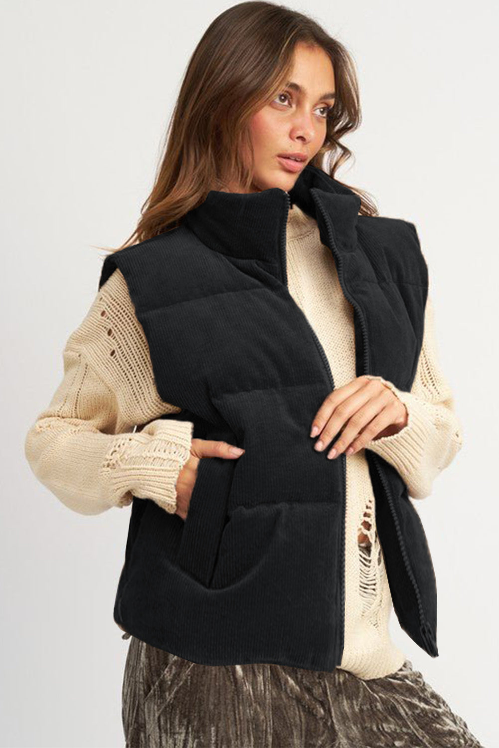 Coffee Solid Color Corduroy Puffer Vest Coat