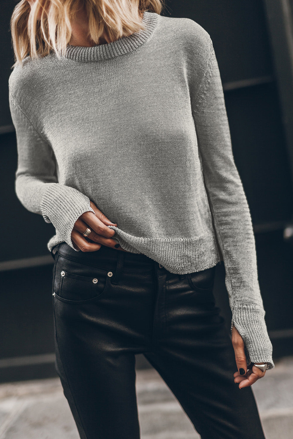 Gray Solid Thumbhole Sleeve Ribbed Edge Sweater