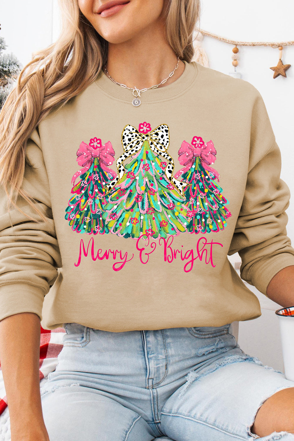 Khaki Merry & Bright Christmas Tree Print Pullover Sweatshirt