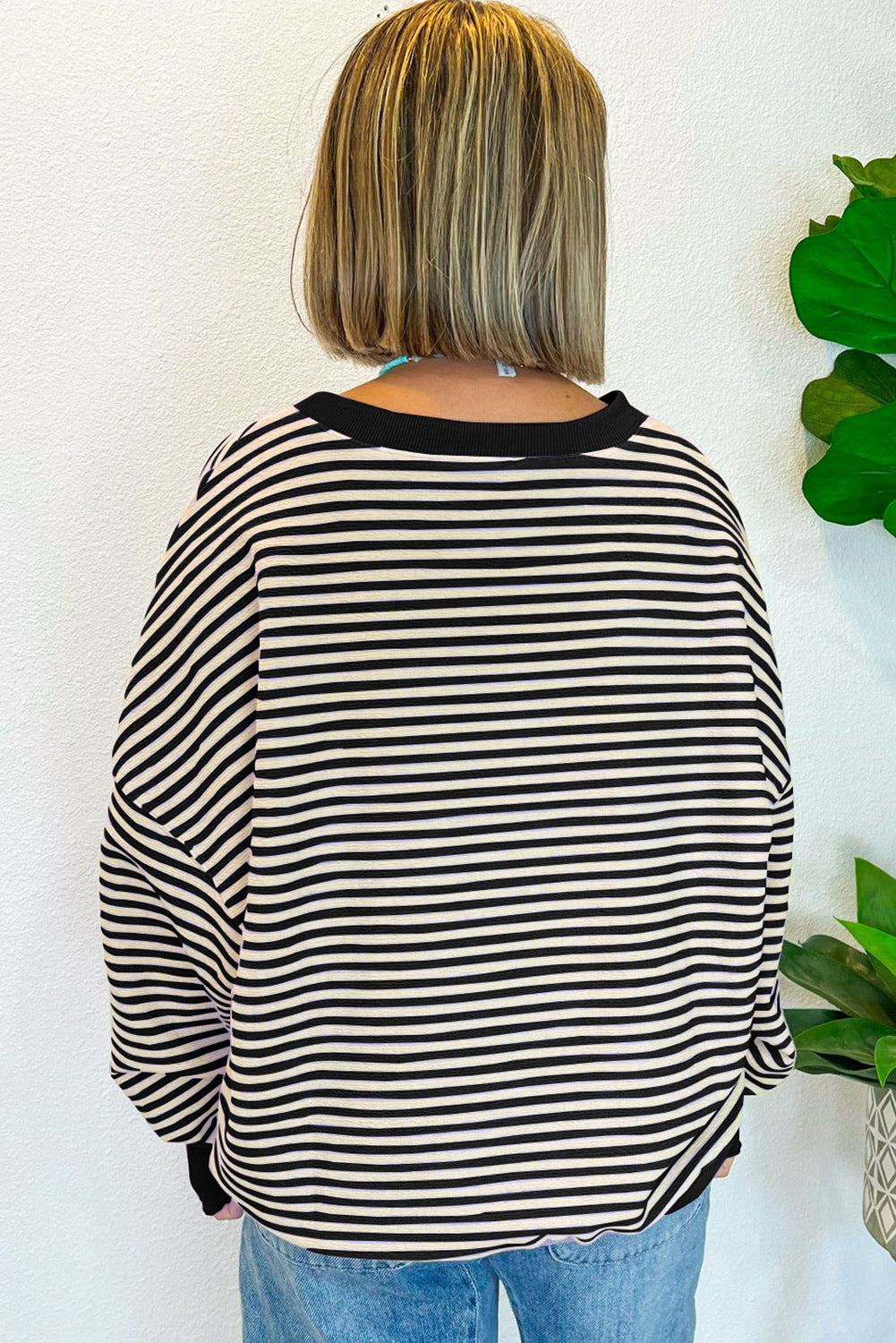 Black Stripe Drop Shoulder Long Sleeve Top