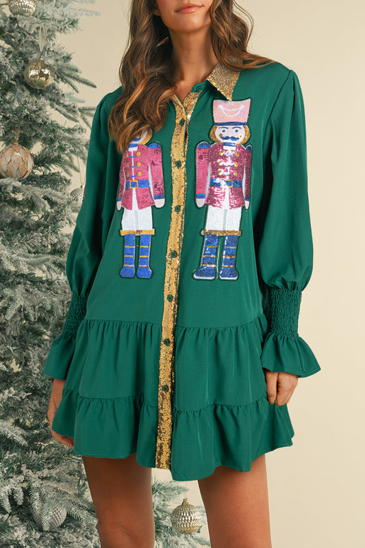 Evergreen Nutcracker Sequin Button-Down Short Dress