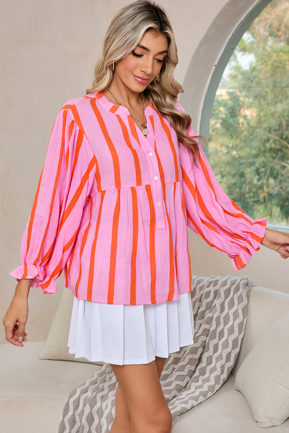 Sky Blue Stripe Crinkle Ruffle Sleeve Loose Blouse