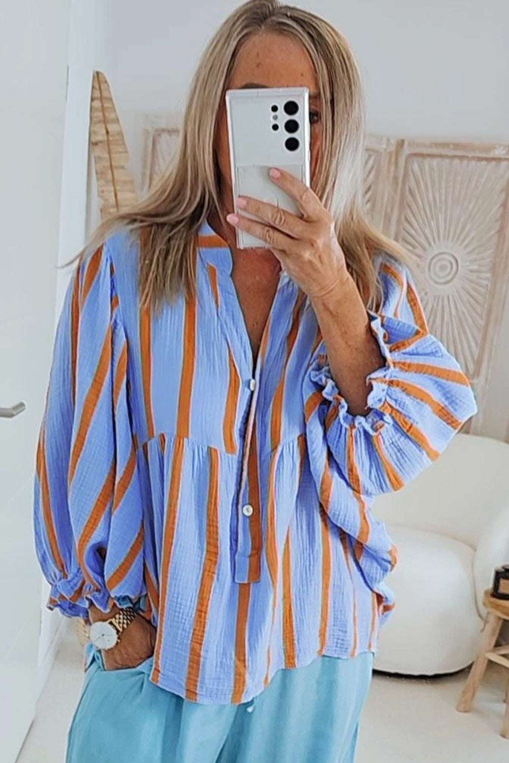 Sky Blue Stripe Crinkle Ruffle Sleeve Loose Blouse