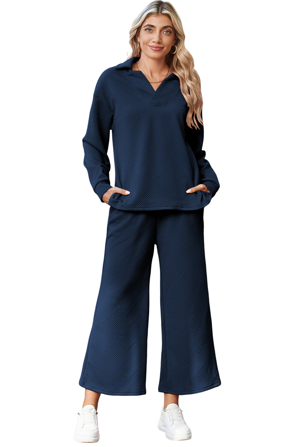 Bonbon Solid Textured Collared V Neck Top and Wide Leg Pants Set