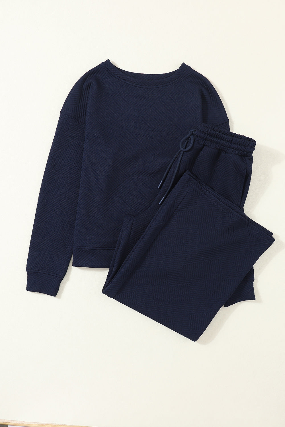 Navy Blue Textured Loose Slouchy Long Sleeve Top and Pants Set