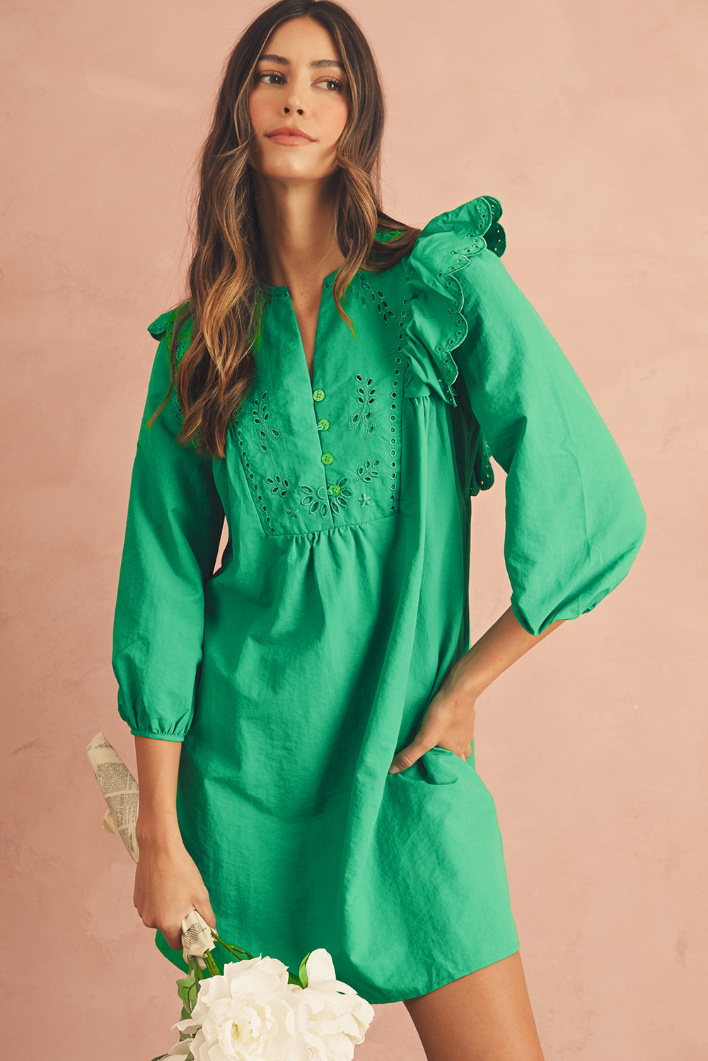 Bright Green Embroidered Ruffle Trim 3/4 Sleeve V Neck Mini Dress