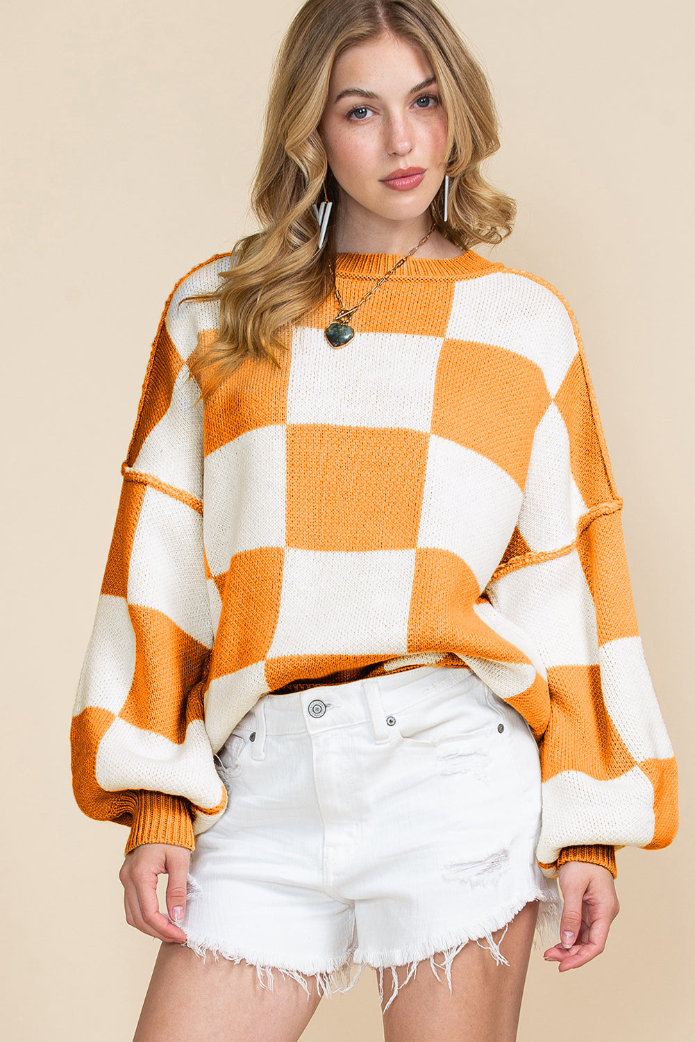 Green Checkered Bishop Sleeve Pullover Sweater