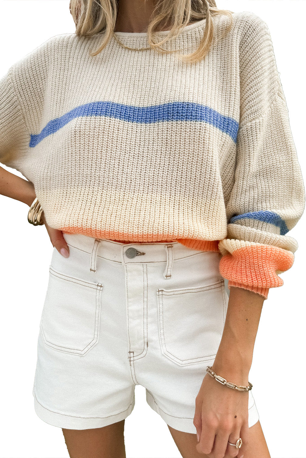 Beige Colorblock Drop Shoulder Cozy Sweater