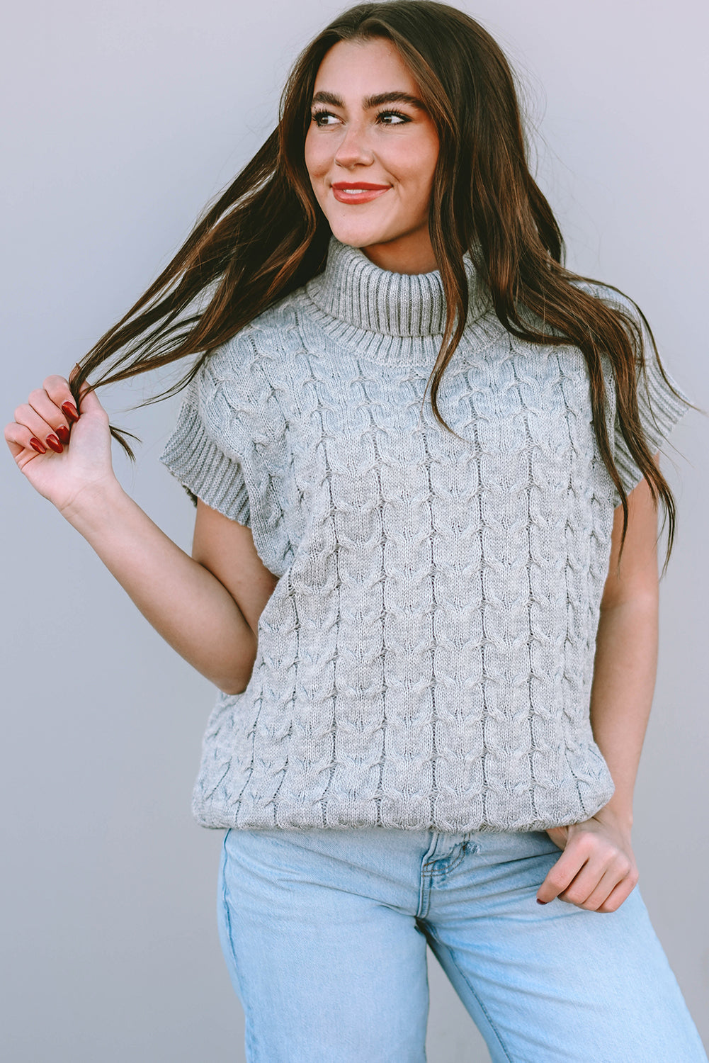 Light Beige Turtleneck Short Dolman Sleeve Cable Knit Sweater