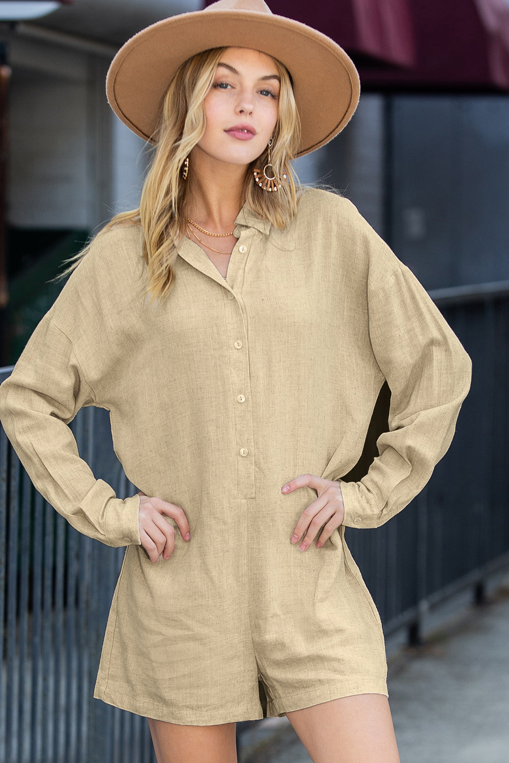 Beige Solid Color Half Buttoned Shirt Romper