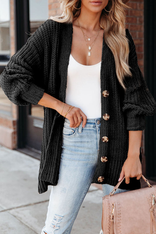 Black Solid Color Buttoned Down Casual Knitted Cardigan