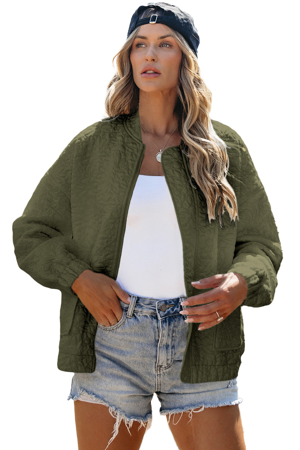 Jungle Green Plain Floral Embossed Zip Up Jacket