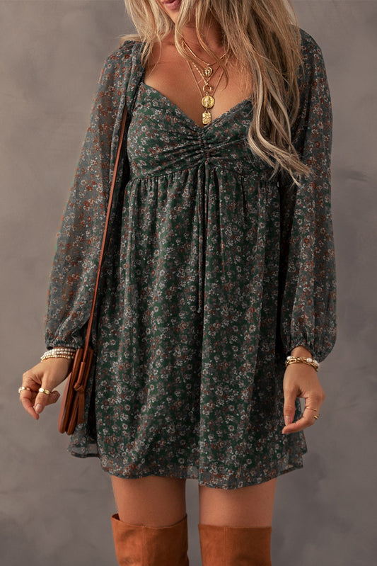 Green Ditsy Floral Print Sweetheart Neck Smocked Back Mini Dress