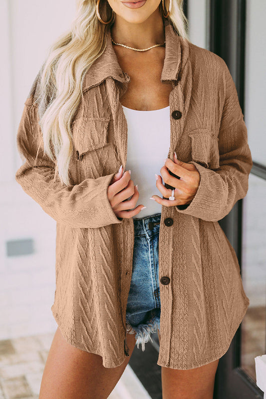 Khaki Casual Textured Button Front Oversized Knit Shacket