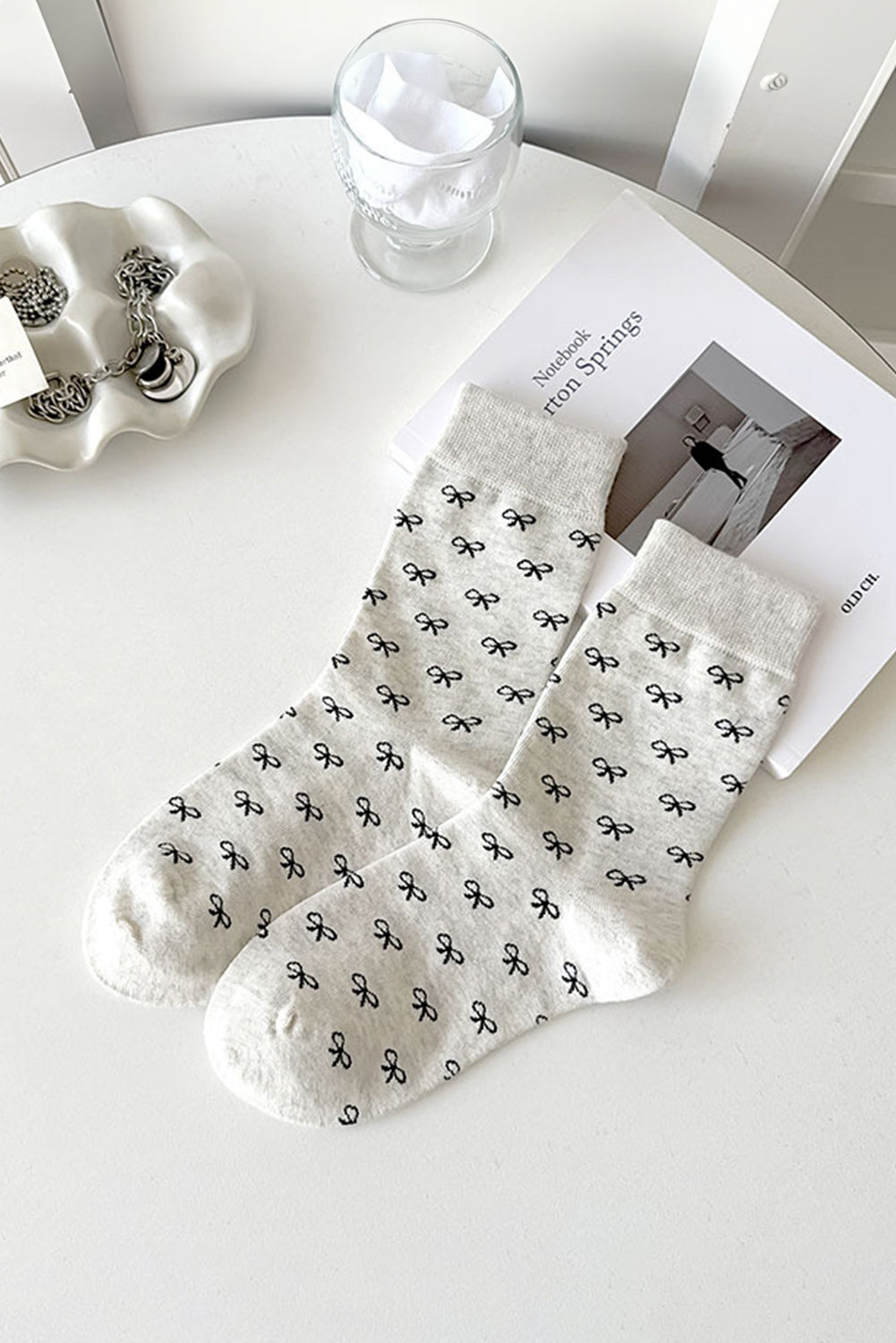 Black Bow Ribbed Edge Crew Socks