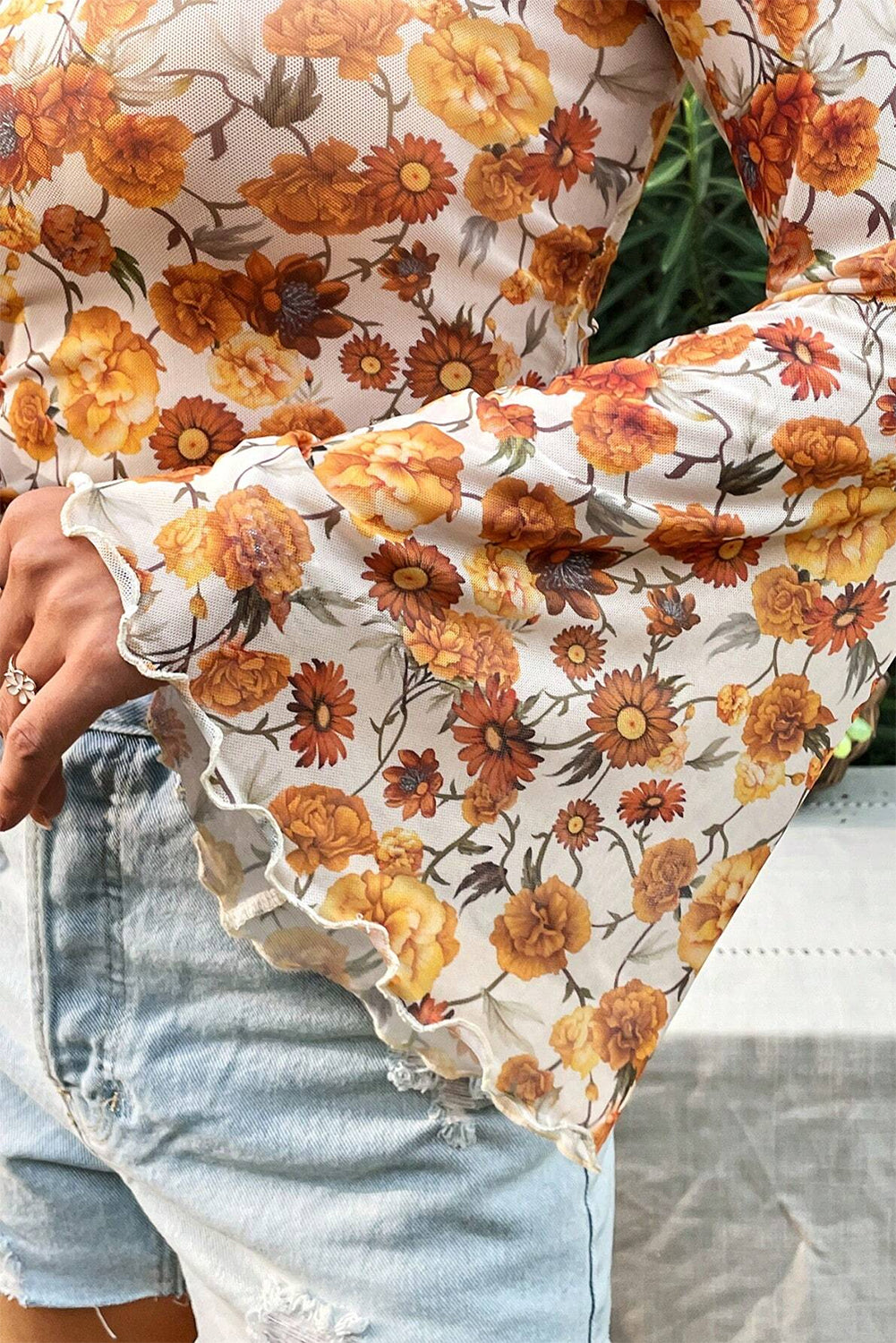 Orange Floral Print Bell Sleeve Mock Neck Scallop Trim Blouse