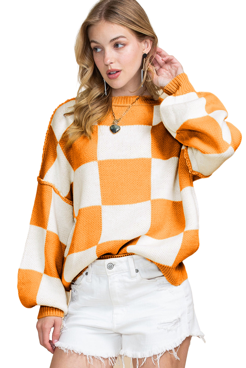 Green Checkered Bishop Sleeve Pullover Sweater