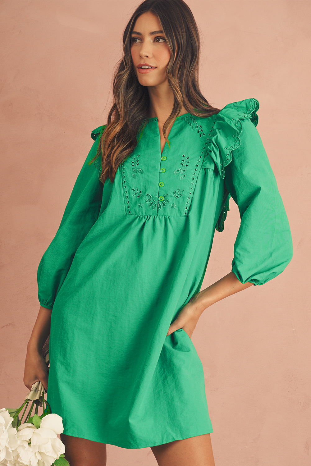 Bright Green Embroidered Ruffle Trim 3/4 Sleeve V Neck Mini Dress