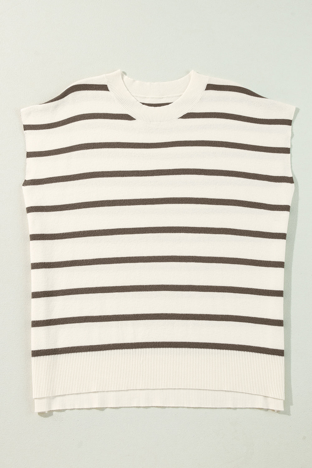 Brown Stripe Side Slits Short Sleeve Knit Top