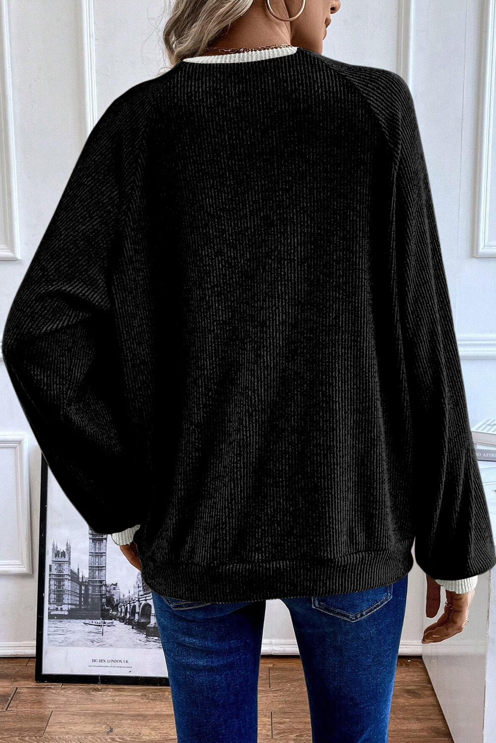 Black Contrast Ribbed Loose Fit Henley Top