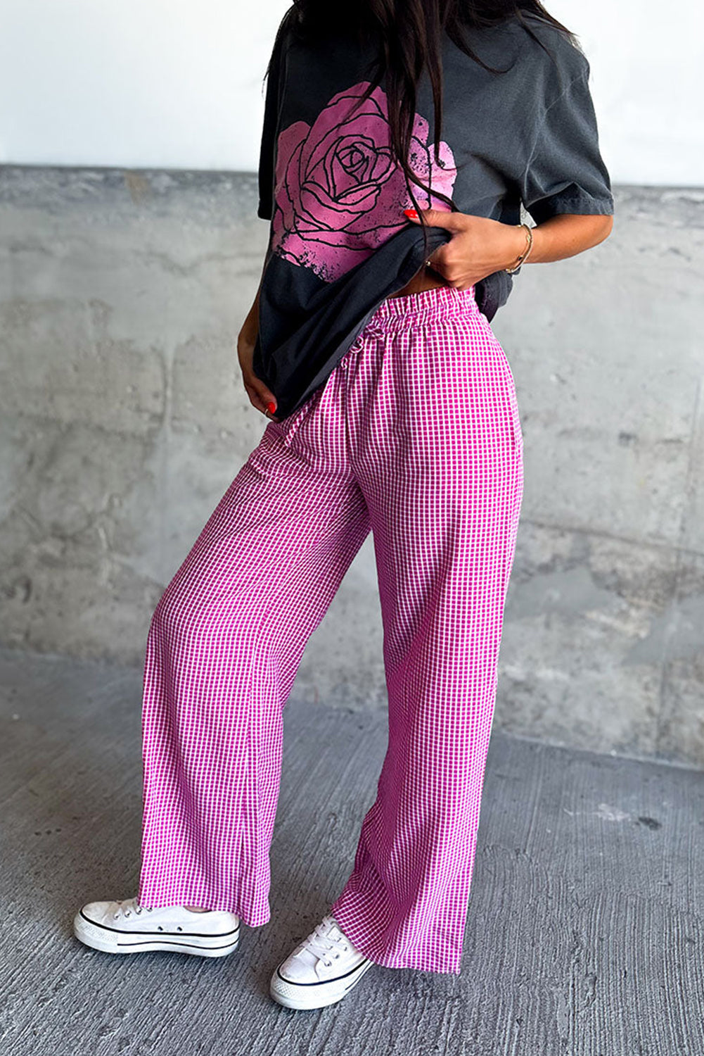 Pink Plaid High Waist Wide Leg Pants