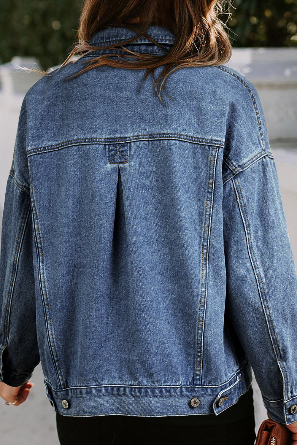 Sky Blue Stripe Washed Oversized Pocketed Denim Jacket