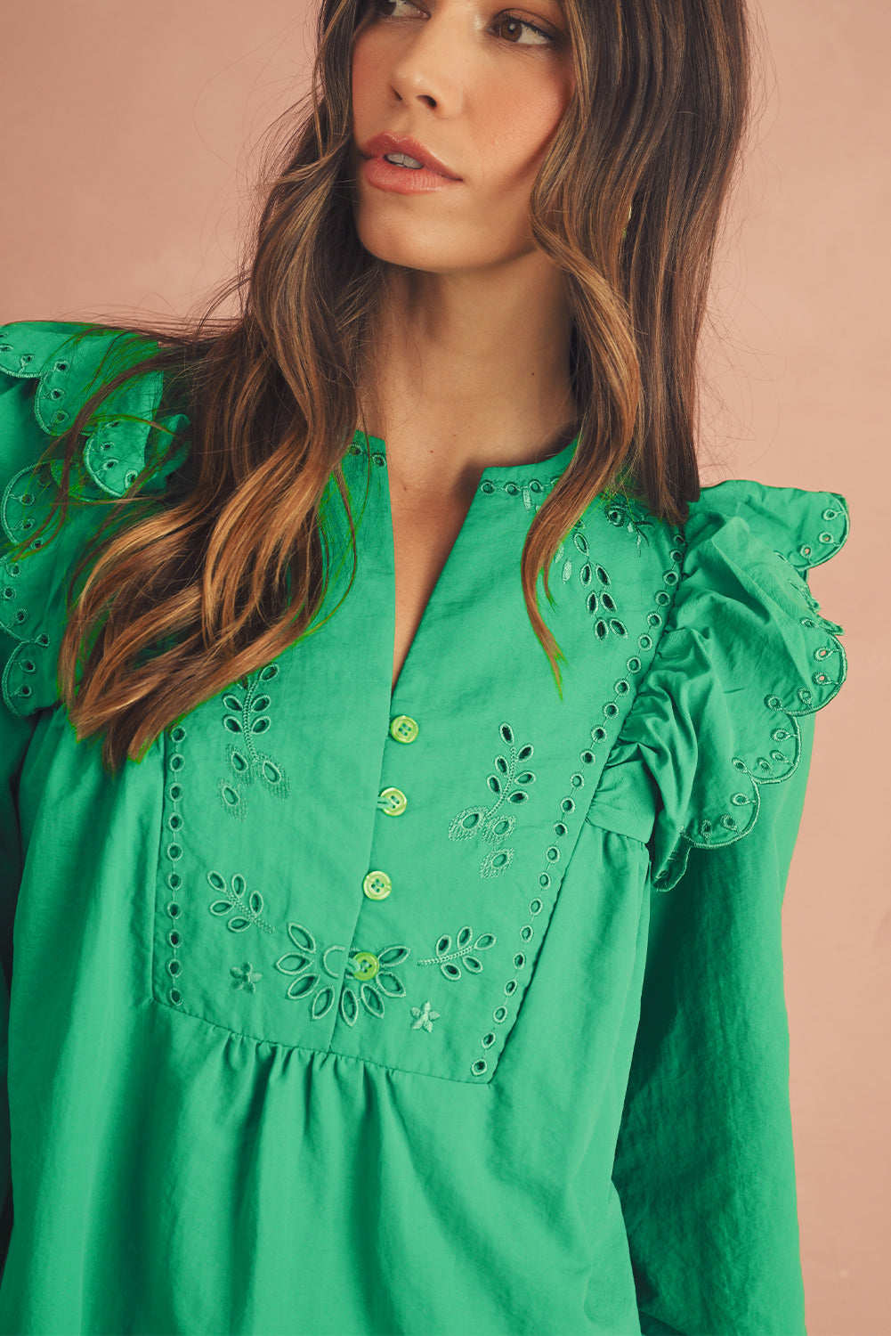 Bright Green Embroidered Ruffle Trim 3/4 Sleeve V Neck Mini Dress