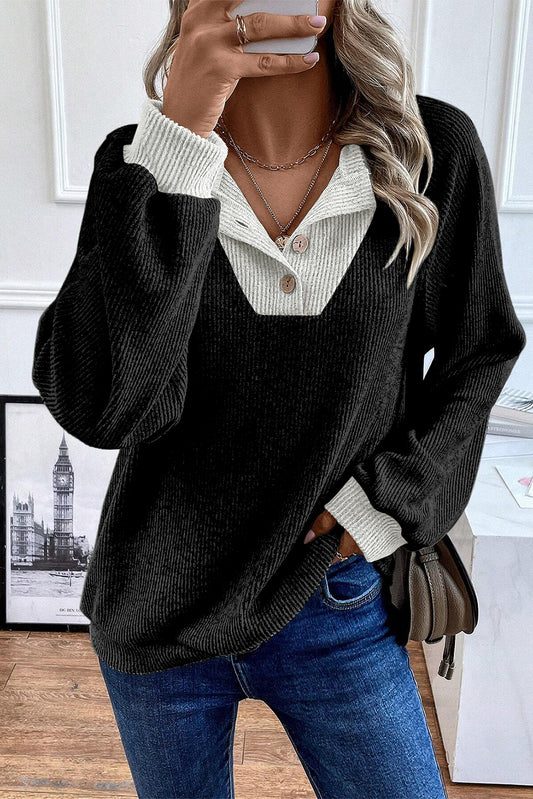 Black Contrast Ribbed Loose Fit Henley Top