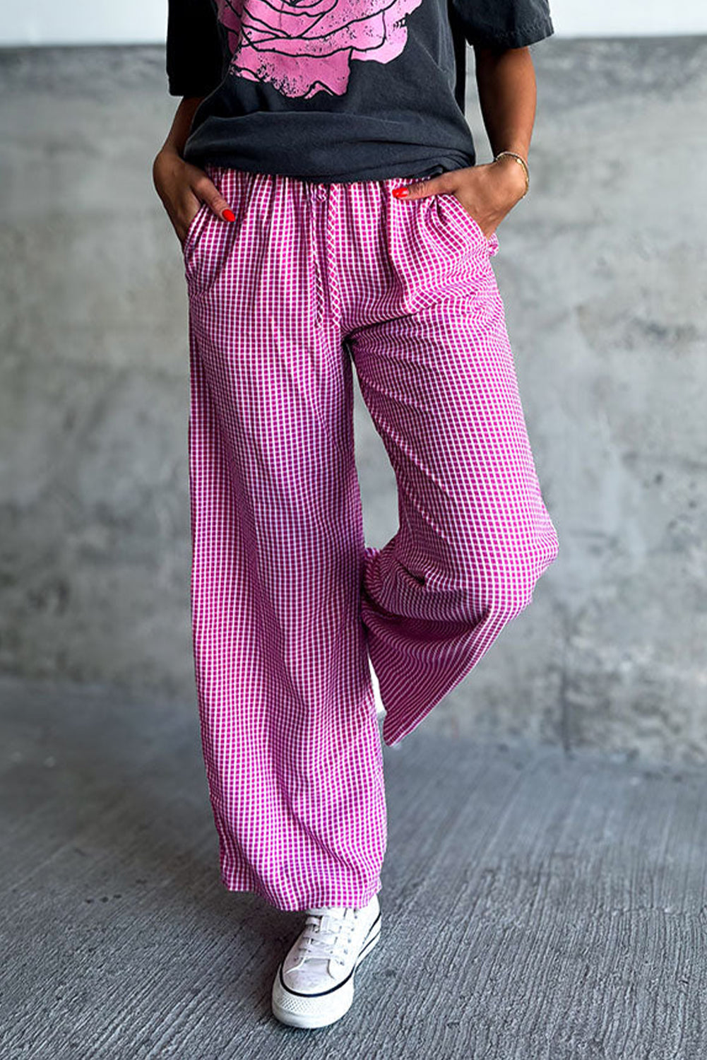 Pink Plaid High Waist Wide Leg Pants