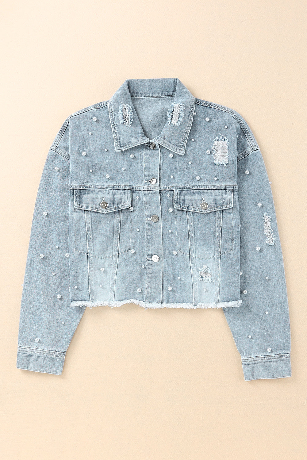 Sky Blue Pearls Beading Cropped Denim Jacket