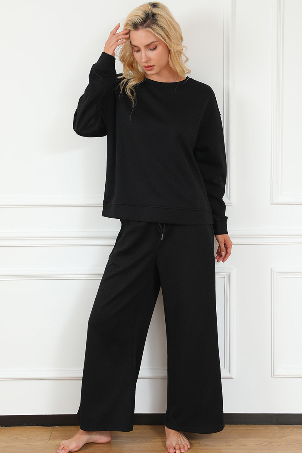 Navy Blue Textured Loose Slouchy Long Sleeve Top and Pants Set