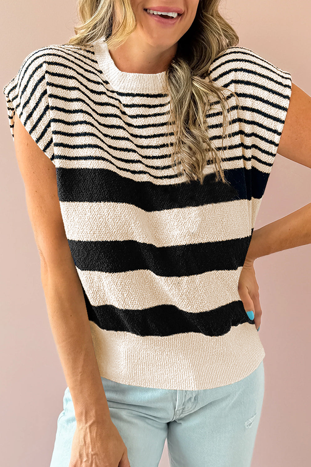 Black White Striped Sleeveless Knit Top