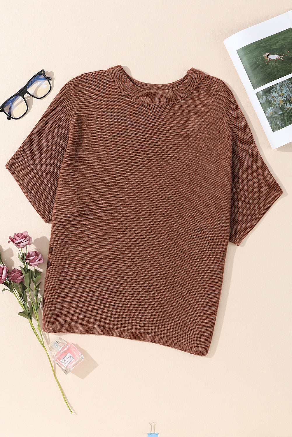 Apricot Mock Neck Short Sleeve Sweater