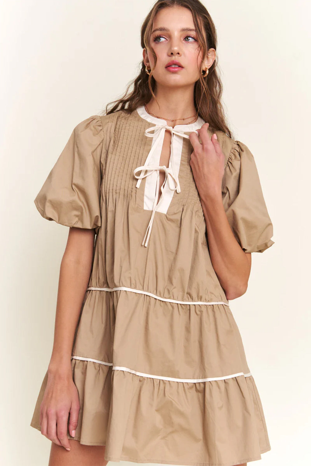 Pale Khaki Knot Front Pleated Tiered Mini Dress