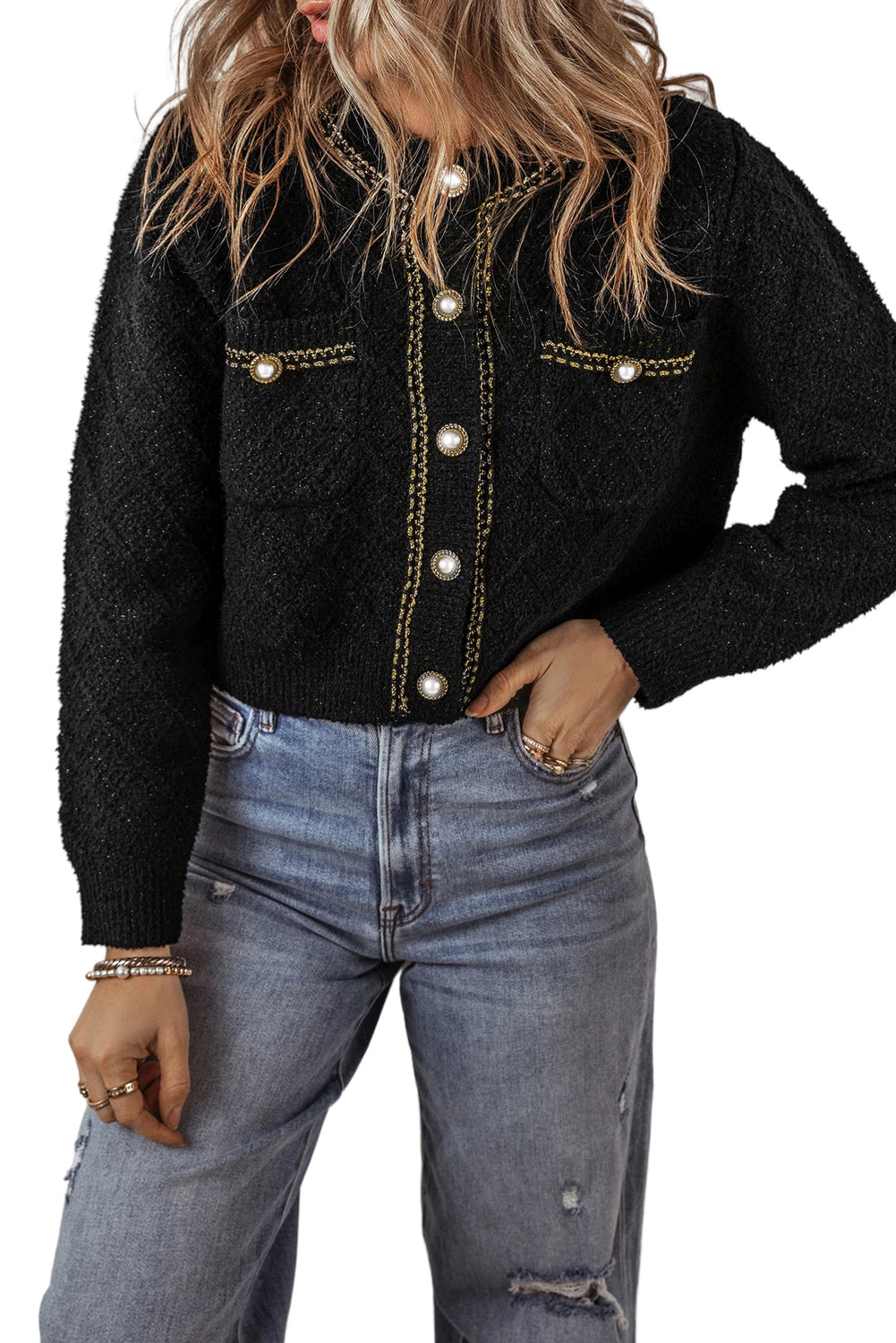 Black Shimmer Button Up Cardigan