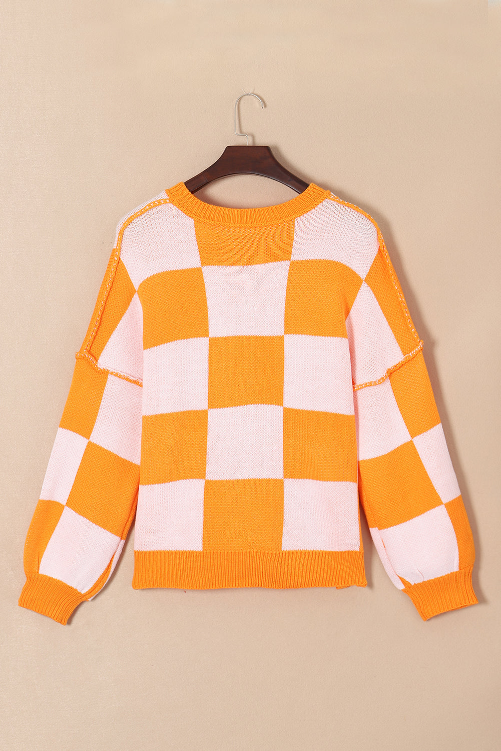 Green Checkered Bishop Sleeve Pullover Sweater