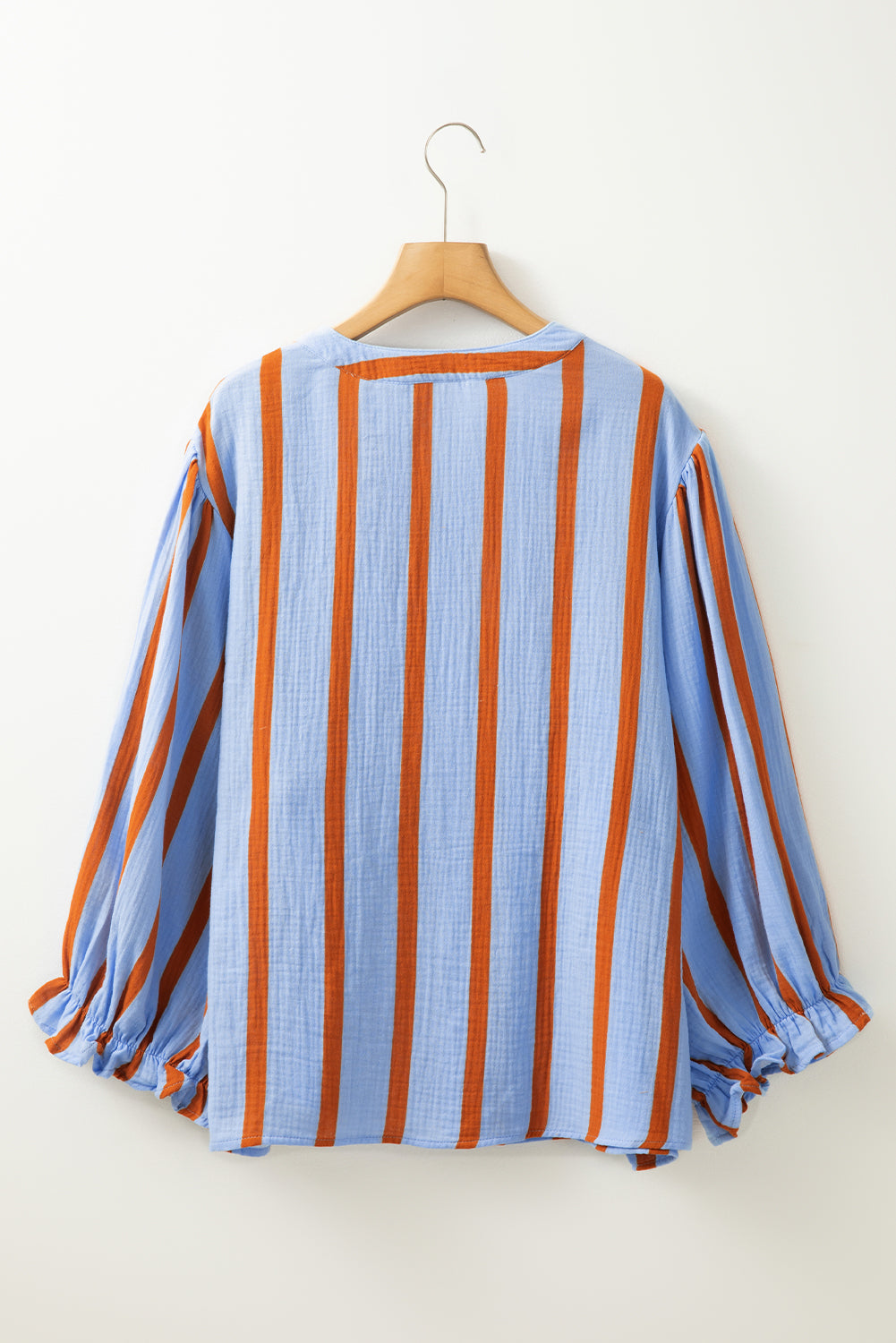 Sky Blue Stripe Crinkle Ruffle Sleeve Loose Blouse