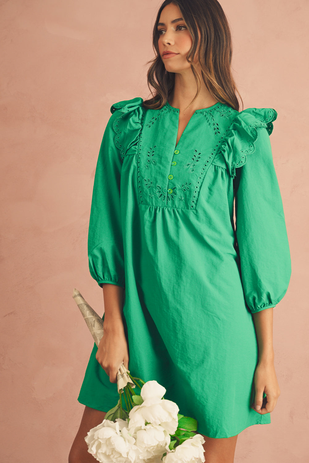 Bright Green Embroidered Ruffle Trim 3/4 Sleeve V Neck Mini Dress