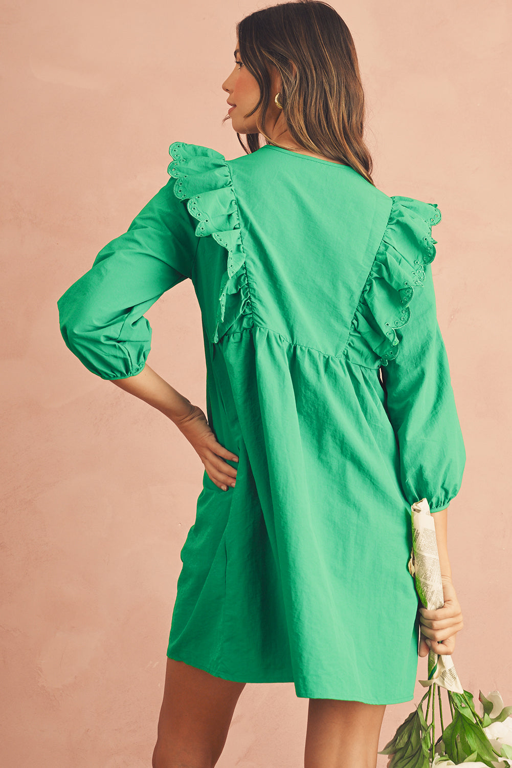 Bright Green Embroidered Ruffle Trim 3/4 Sleeve V Neck Mini Dress