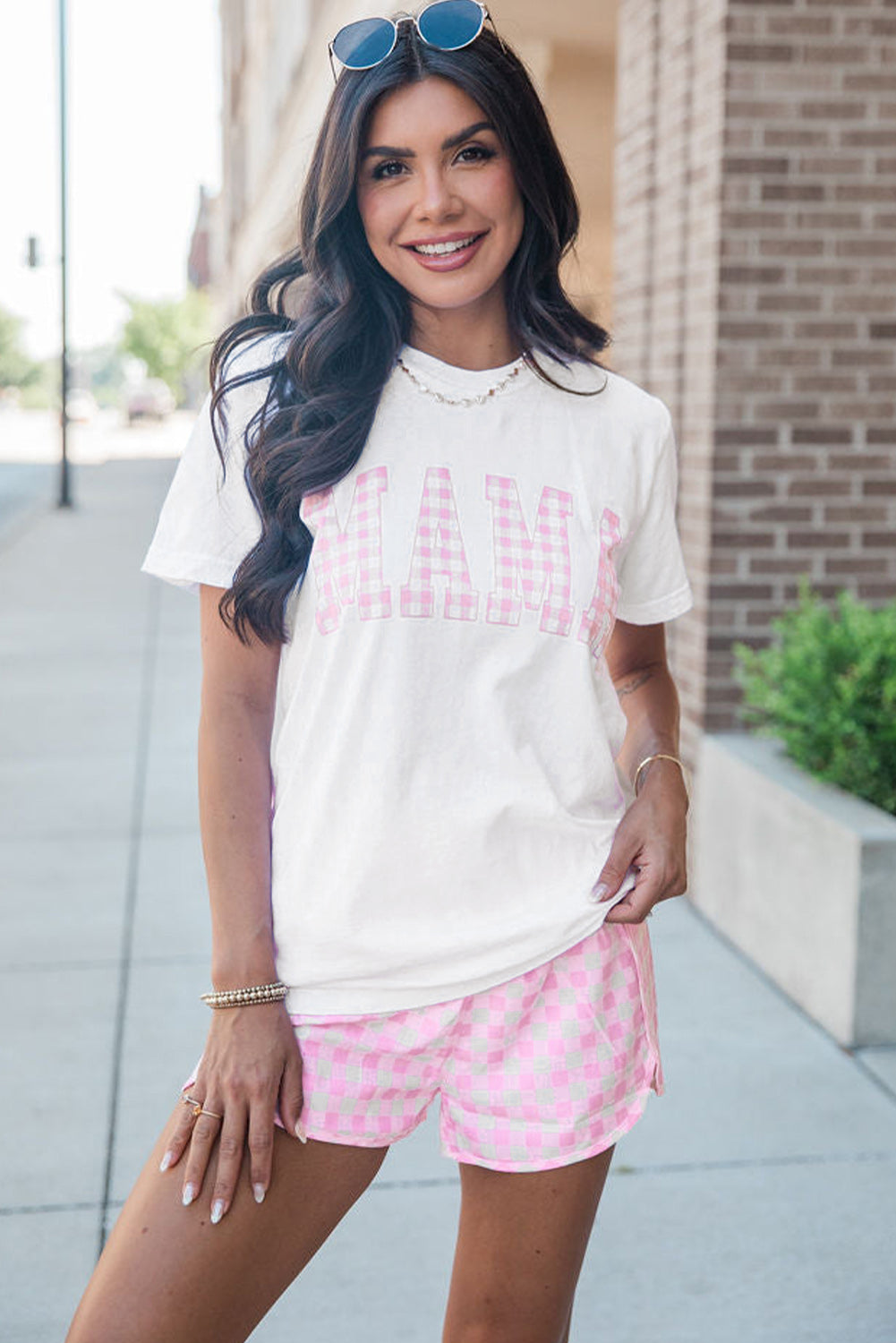 White MAMA Printed Tee and Plaid Shorts Set