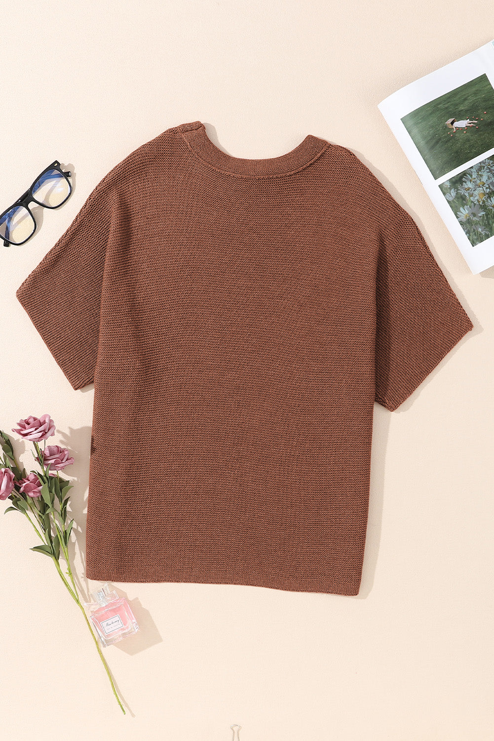 Apricot Mock Neck Short Sleeve Sweater