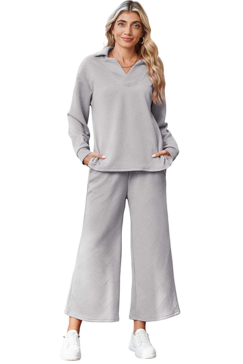 Bonbon Solid Textured Collared V Neck Top and Wide Leg Pants Set