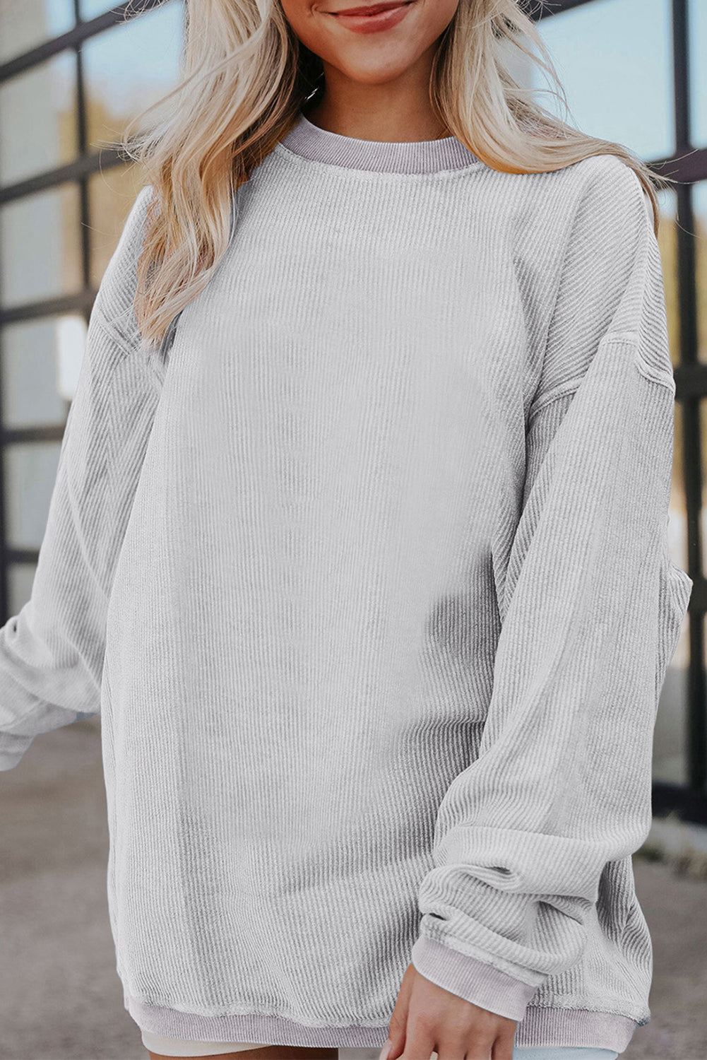 Light Grey Drop Shoulder Crinkle Rib Oversized Sweatshirt