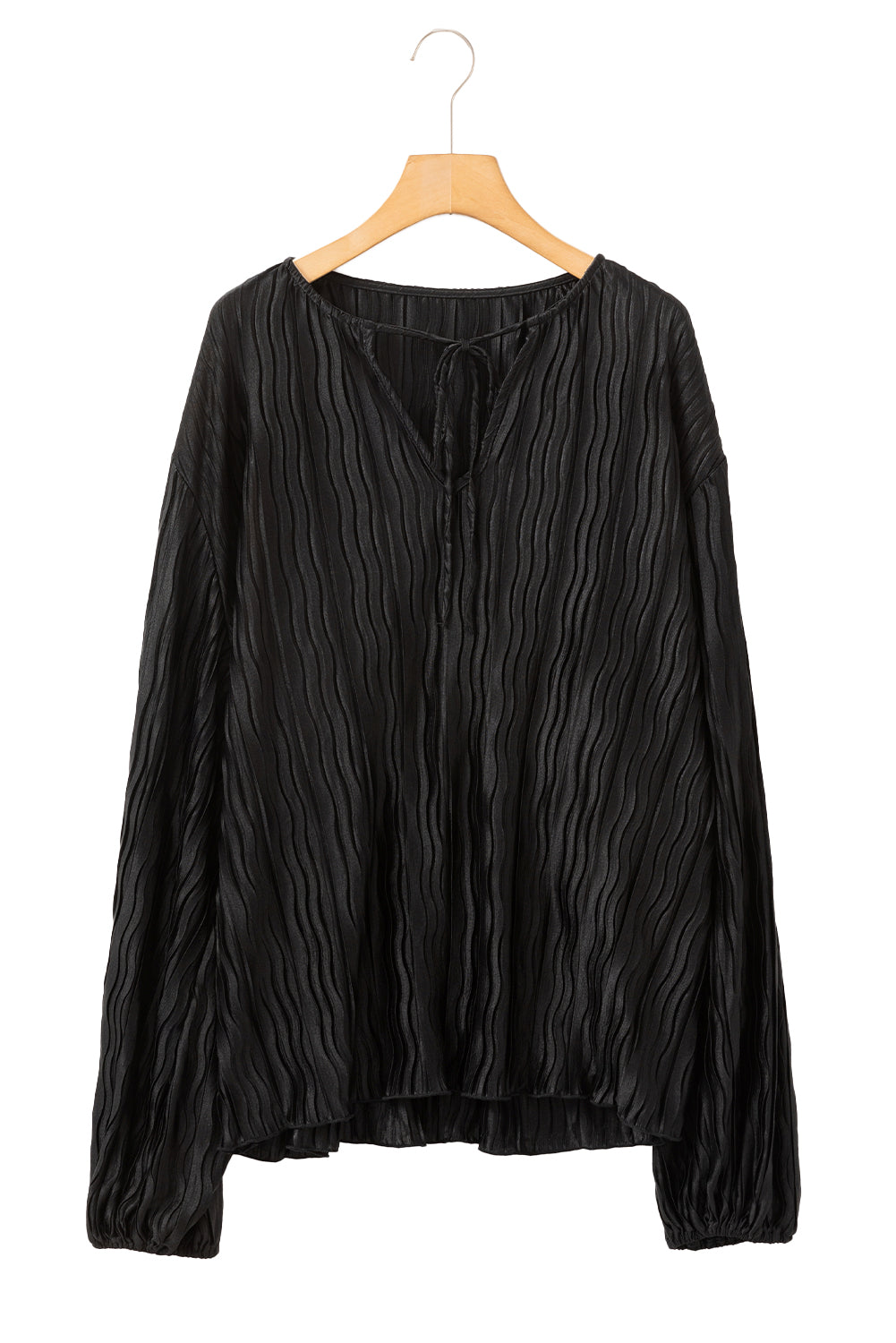 Black Textured Bubble Sleeve V Neck Loose Blouse