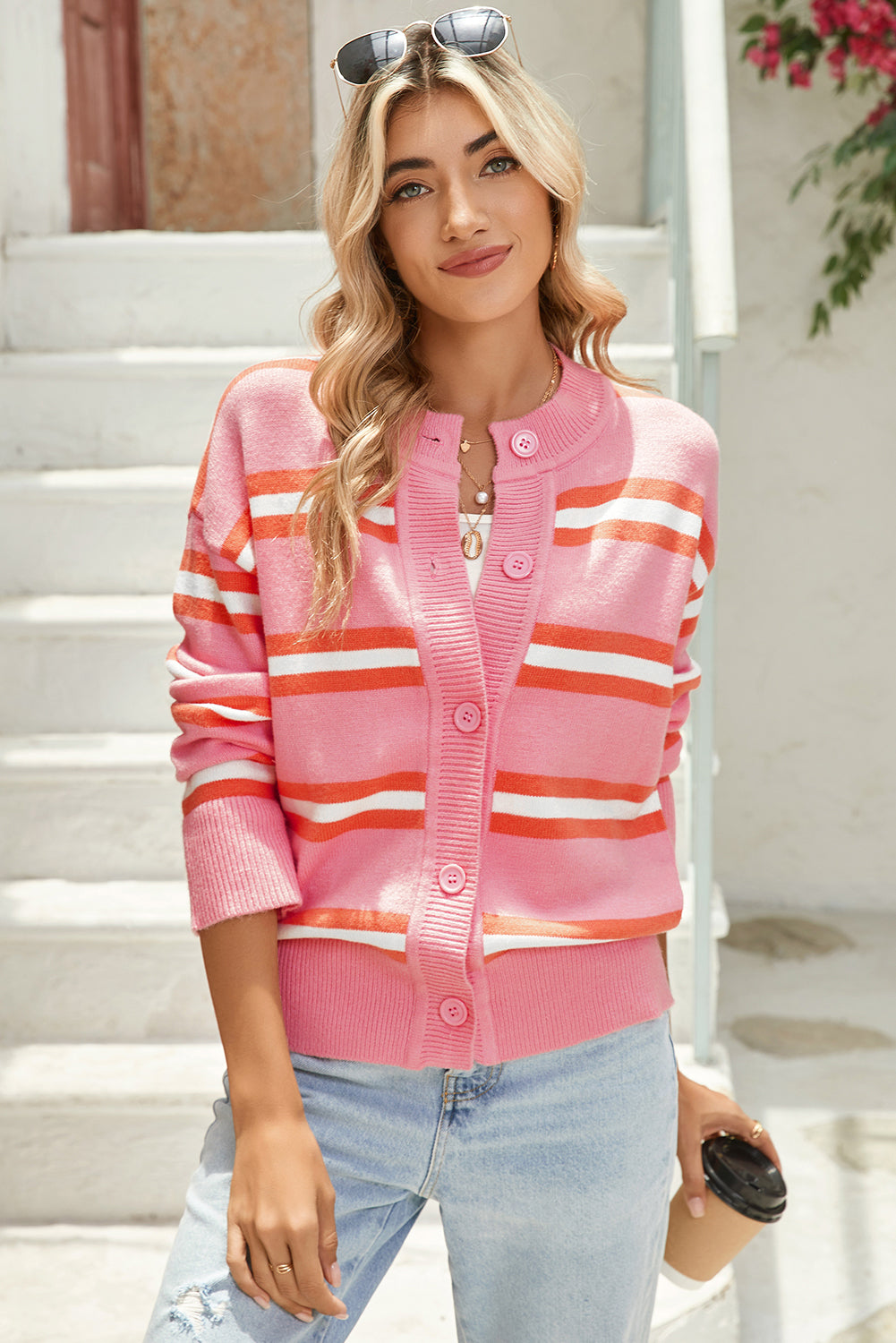 Pink Stripe Button-up Short Cardigan