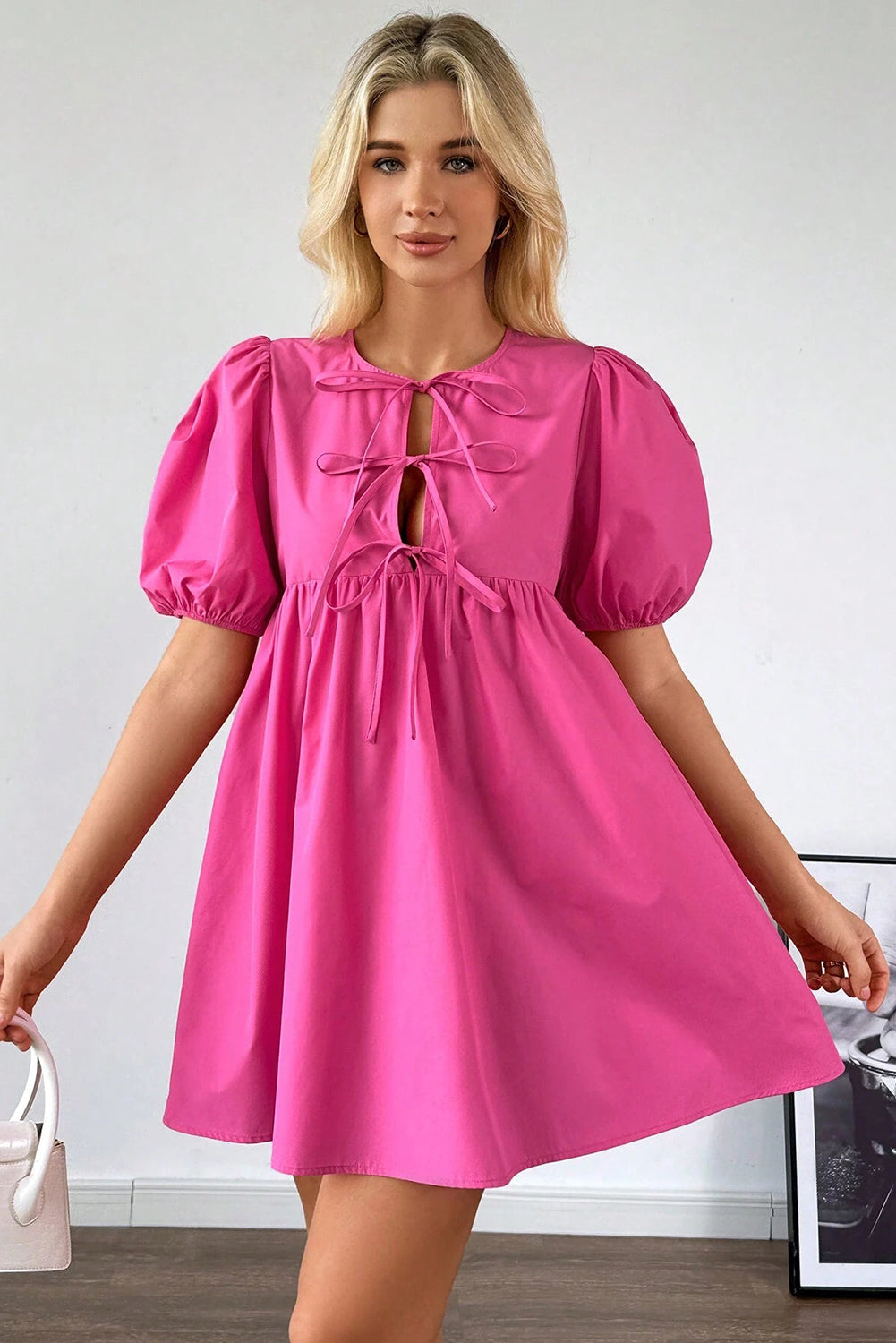 Bright Pink Tie Front Puff Sleeve Mini Dress