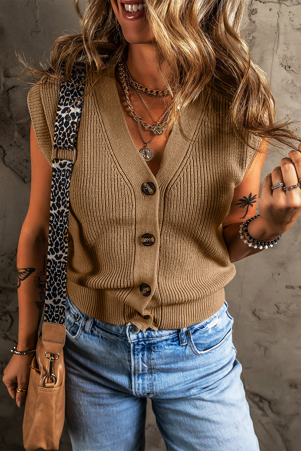 Parchment V Neck Button Up Sweater Vest