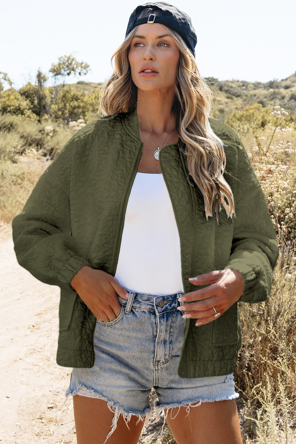 Jungle Green Plain Floral Embossed Zip Up Jacket