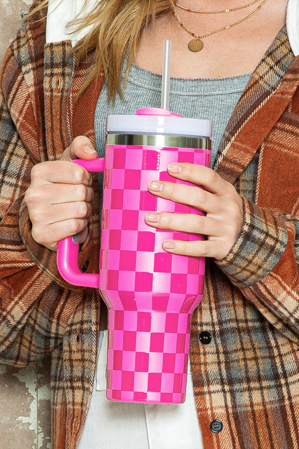 Black Checkered Print Handled Stainless Steel Tumbler Cup